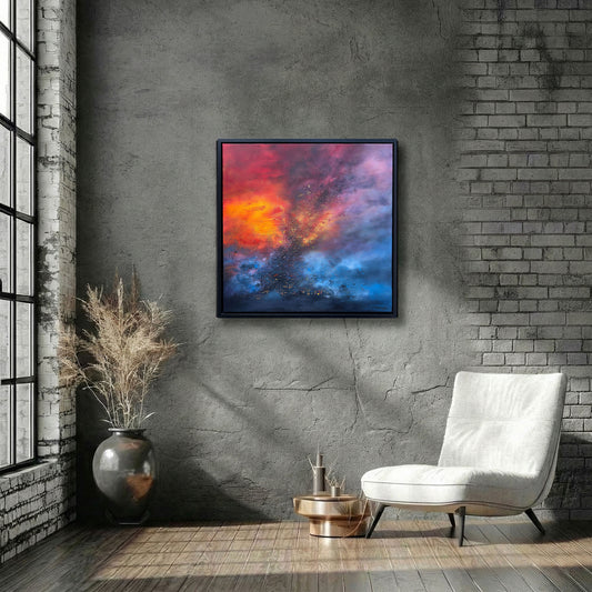 Minimalist room decor with 'Nebula Fire' abstract art by Sinéad Guilfoyle on a gallery wall.