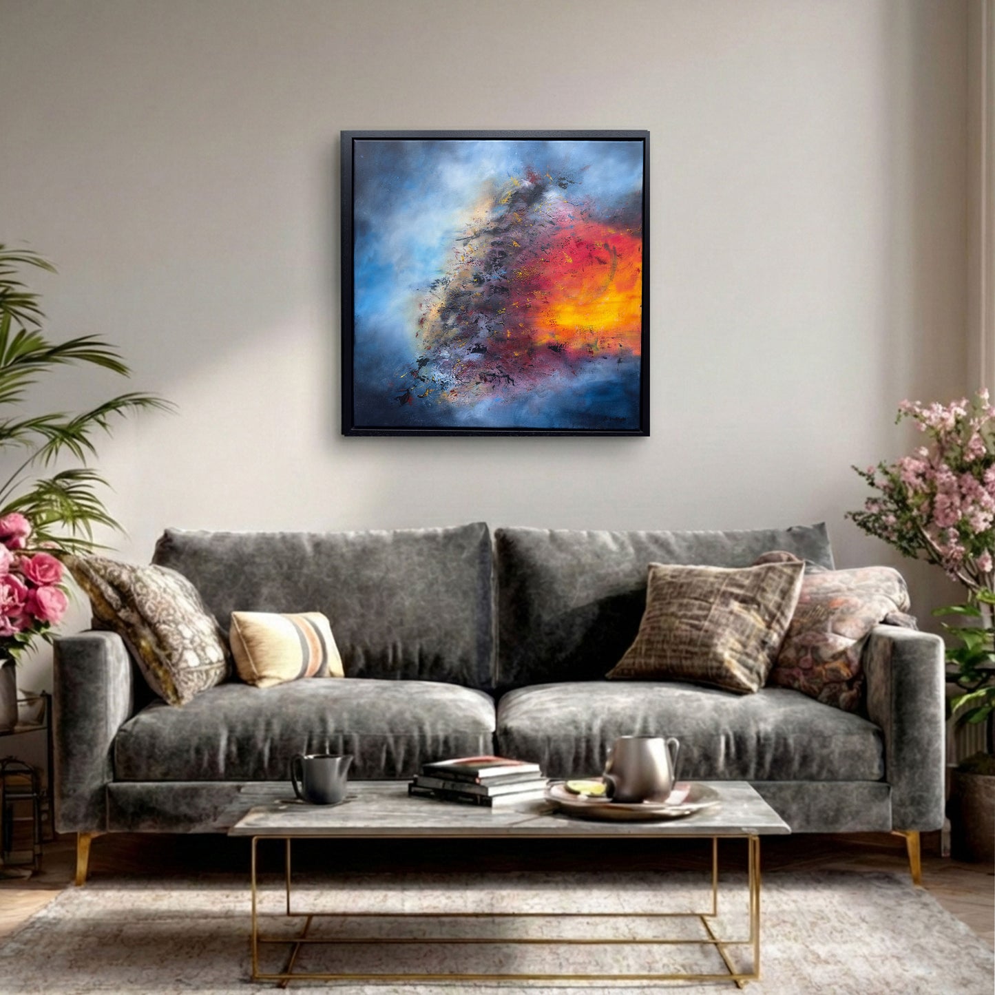 Sacred Force original artwork by Sinéad Guilfoyle displayed in a bright, modern living room above a velvet sofa, showcasing the painting's scale and vibrant energy in a luxury home setting.