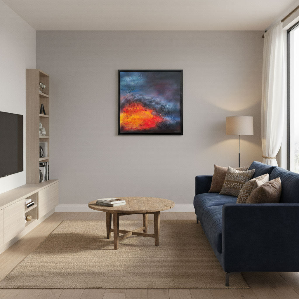 Nebula Fire abstract painting by Sinéad Guilfoyle displayed on a modern living room