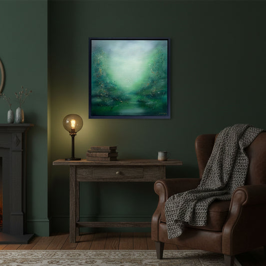 Green and gold spiritual abstract art by Sinead Guilfoyle displayed in a moody, rustic study. Professional interior mockup showing a 50cm x 50cm framed canvas above a vintage desk in a cozy room with a fireplace.