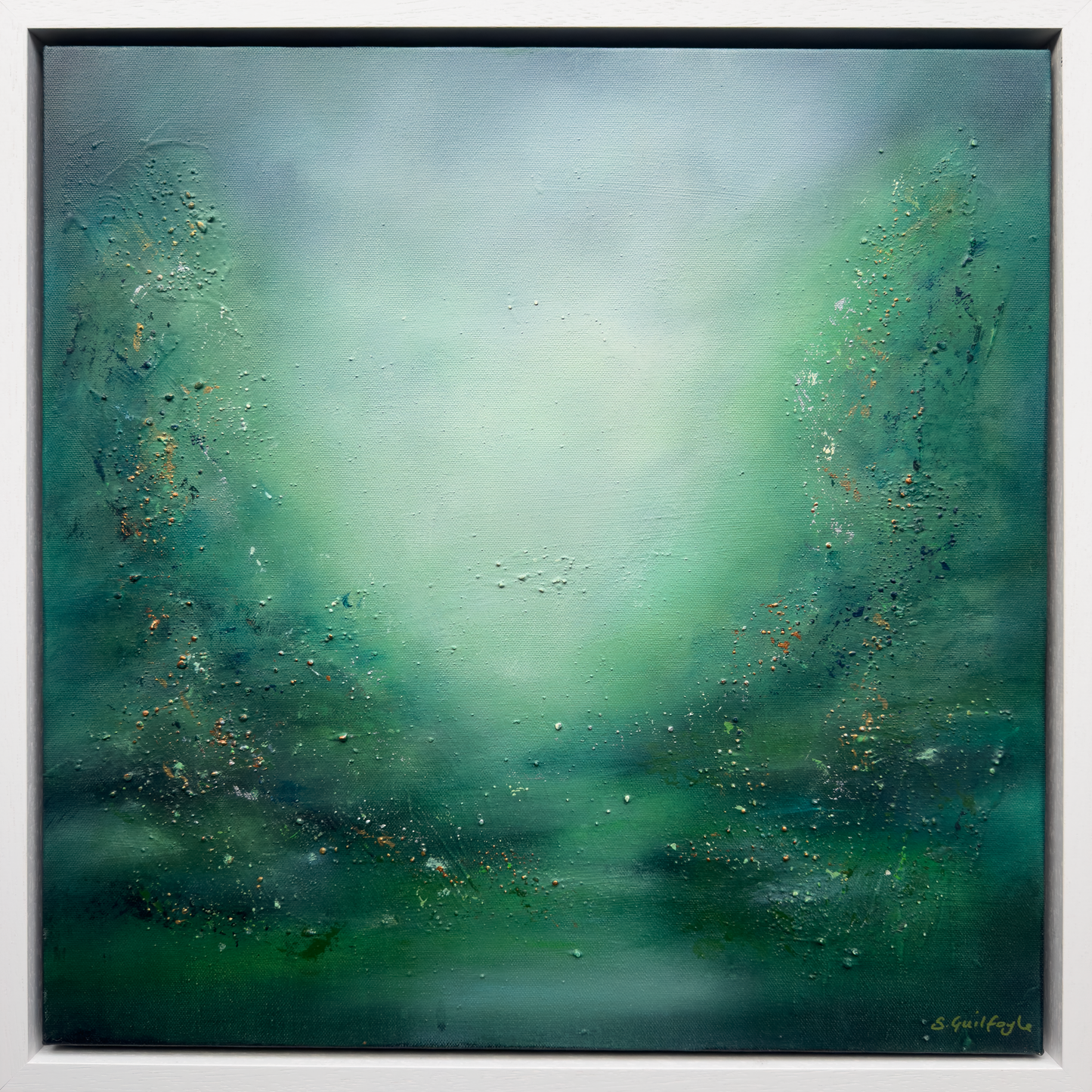 Square original abstract painting titled 'Caol Áit – A Thin Place' by Sinead Guilfoyle. The artwork features a luminous, misty center in pale seafoam green, framed by deep forest green and emerald textures on either side. Intricate impasto details and delicate gold leaf accents suggest a portal or a sacred natural clearing. Housed in a minimalist white float frame.