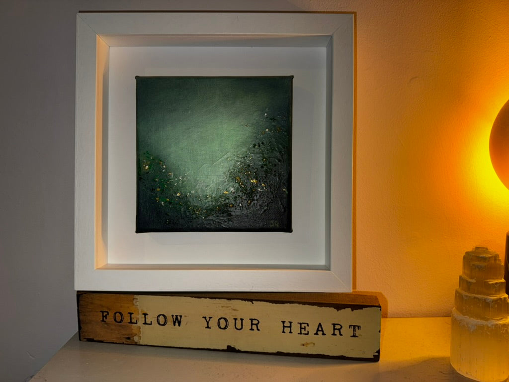 Warm room decor featuring 'Faerie Glade' abstract art by Sinéad Guilfoyle in a contemporary, light-filled interior.