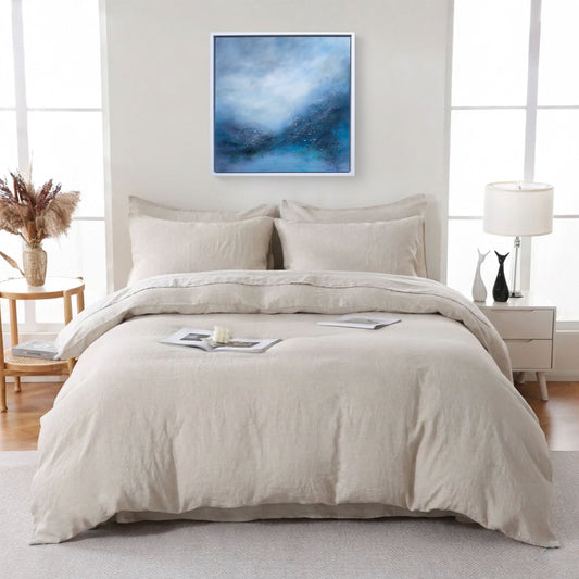 Held in Memory abstract artwork by Sinéad Guilfoyle showcased in a contemporary bedroom setting with warm, natural lighting