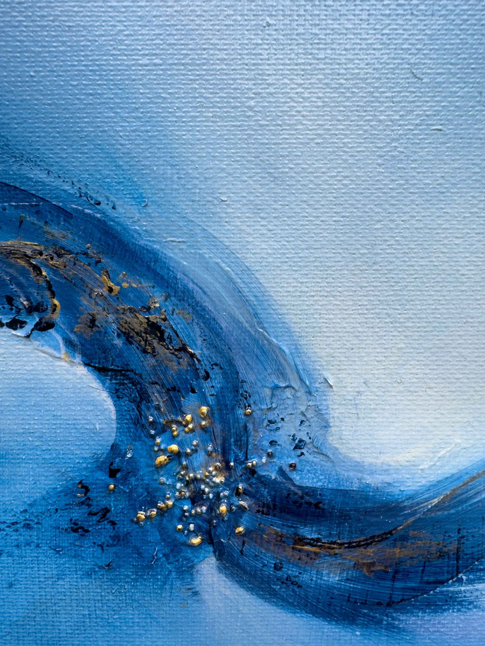 Texture detail of Sinead Guilfoyle's abstract art, Emergence 2, highlighting the gold leaf and 3D impasto technique on canvas.