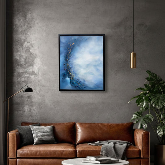 Large original abstract painting 'Anan Cara' by Sinéad Guilfoyle displayed in a minimalist luxury living room setting above a contemporary sofa."
