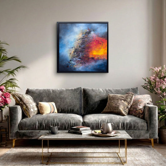 Sacred Force original artwork by Sinéad Guilfoyle displayed in a bright, modern living room above a velvet sofa, showcasing the painting's scale and vibrant energy in a luxury home setting.