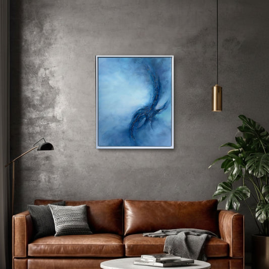 Framed abstract blue and gold painting 'Turas d’Anam' by artist Sinead Guilfoyle, styled in a modern industrial living room. 64cm x 54cm original art inspired by Celtic mythology and universal energy.