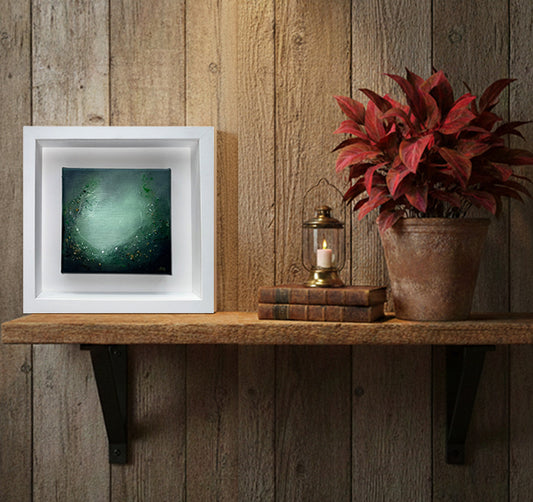 Rustic room decor featuring 'Faerie Glade I' abstract art by Sinéad Guilfoyle on a highlighted shelf."