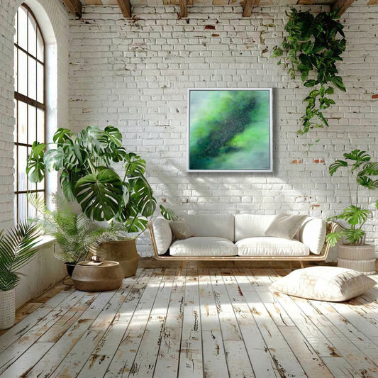 Conservatory-style room decor showcasing 'Fragments of Becoming' abstract painting by Sinéad Guilfoyle