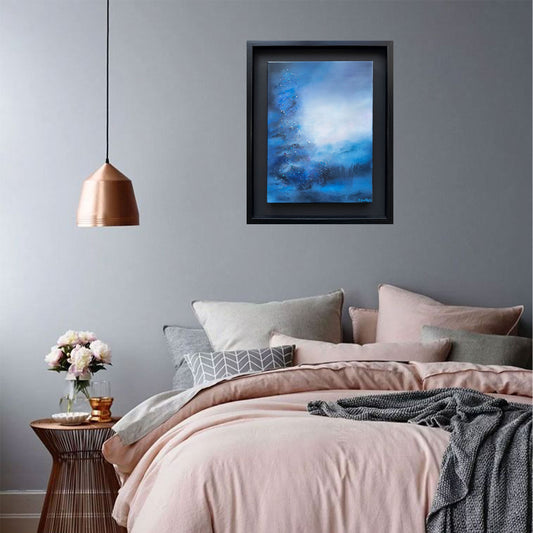 Minimalist interior featuring 'The Place Without Sound' abstract art by Sinéad Guilfoyle in a serene, peaceful setting.