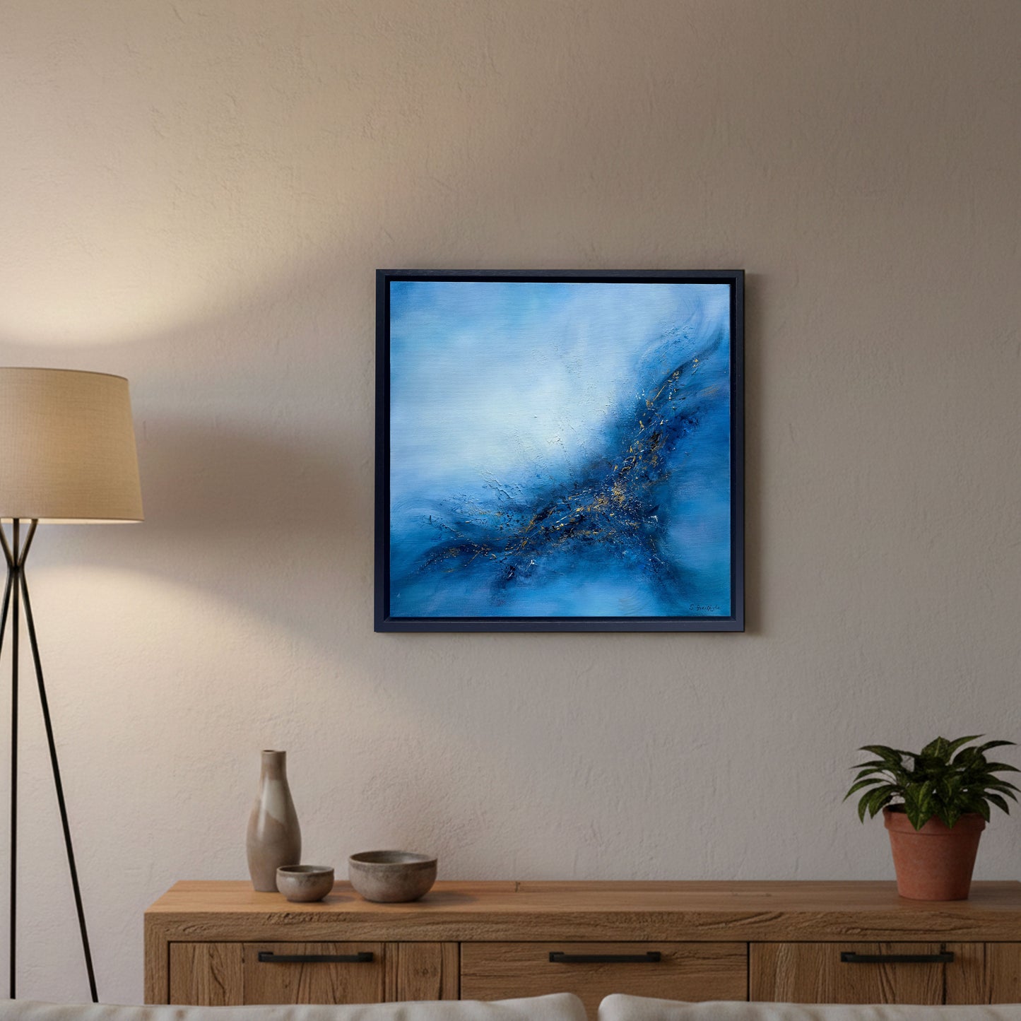 Modern home decor inspiration featuring a blue and gold abstract painting, Set Free by Sinéad Guilfoyle 