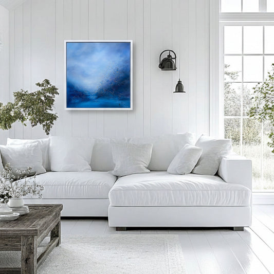 The Softening, a framed original abstract painting by Sinéad Guilfoyle with gentle, muted tones and fluid shapes.
