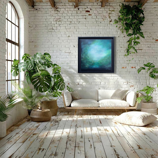 A bright, bohemian living room with brick walls featuring 'Where Earth Speaks Softly' abstract art by Sinéad Guilfoyle.