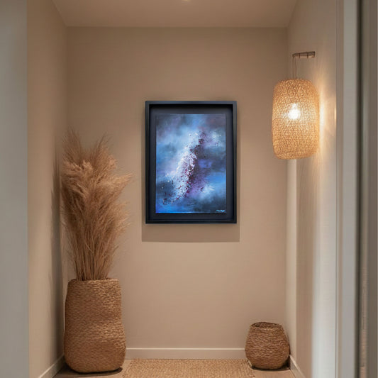 Minimalist hallway featuring 'Whisper of the Storm' abstract art by Sinéad Guilfoyle in a black floating frame.