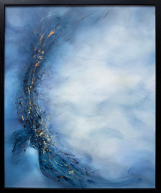 Set Free by Sinéad Guilfoyle: Original textured abstract painting featuring bold black and white impasto brushstrokes, professionally framed in a black wooden tray frame for modern home decor.