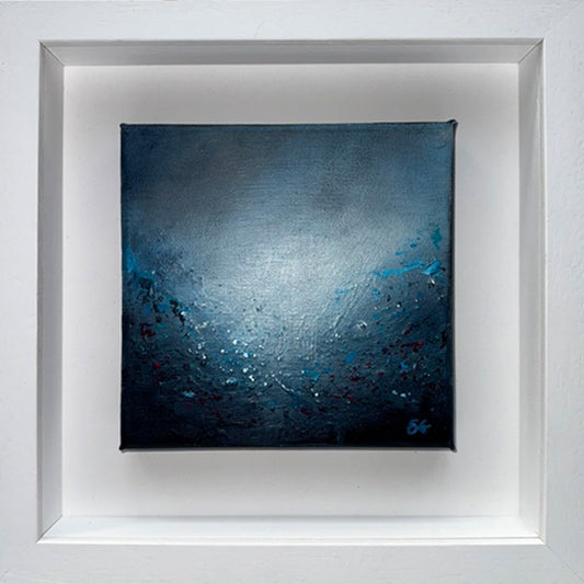 Aqua Lumina I, a framed abstract painting by Sinéad Guilfoyle featuring deep blues and ethereal light. 