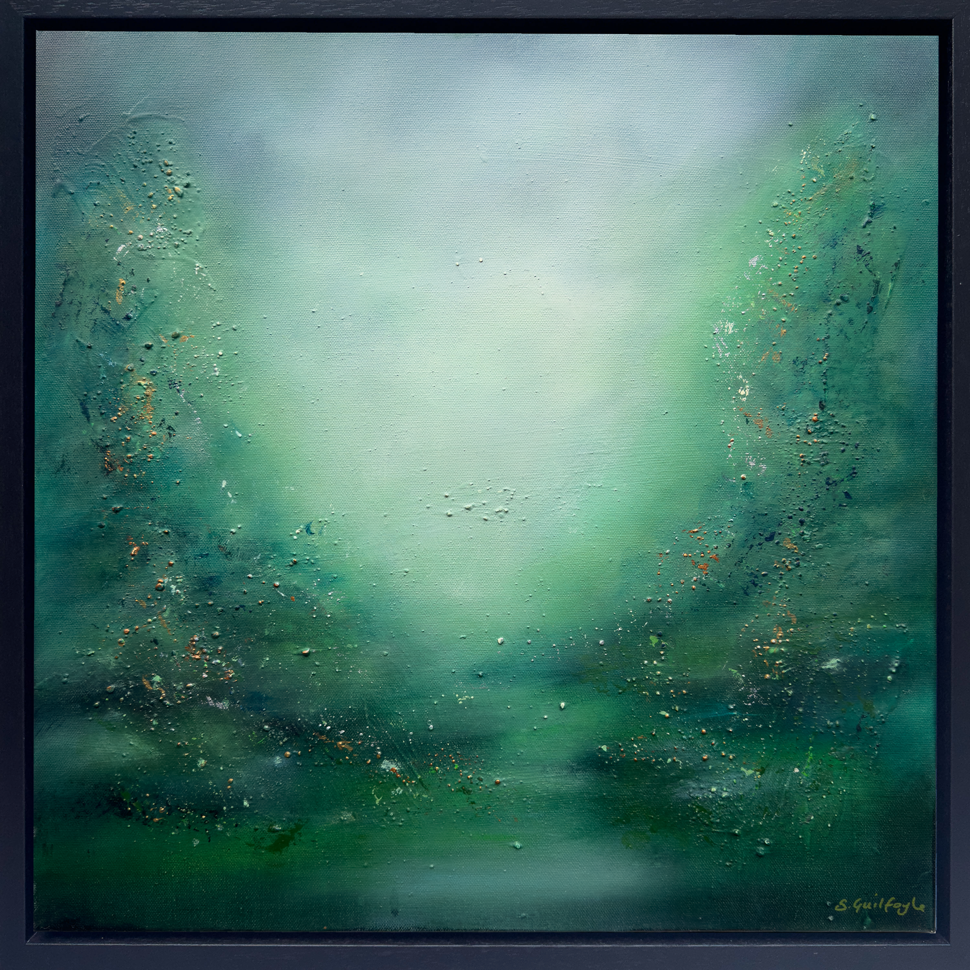 Square original abstract painting titled 'Caol Áit – A Thin Place' by Sinead Guilfoyle. The artwork features a luminous, misty center in pale seafoam green, framed by deep forest green and emerald textures on either side. Intricate impasto details and delicate gold leaf accents suggest a portal or a sacred natural clearing. Housed in a minimalist black float frame.