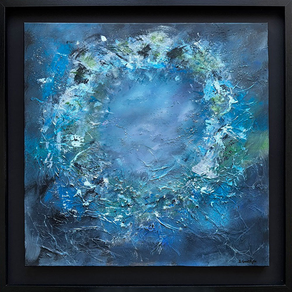 Echoes Beneath, a framed abstract painting by Sinéad Guilfoyle featuring soft, flowing blue and white textures.