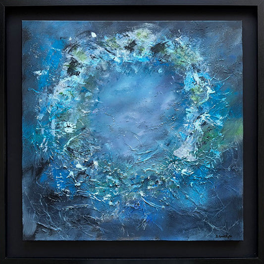 Echoes Beneath, a framed abstract painting by Sinéad Guilfoyle featuring soft, flowing blue and white textures.
