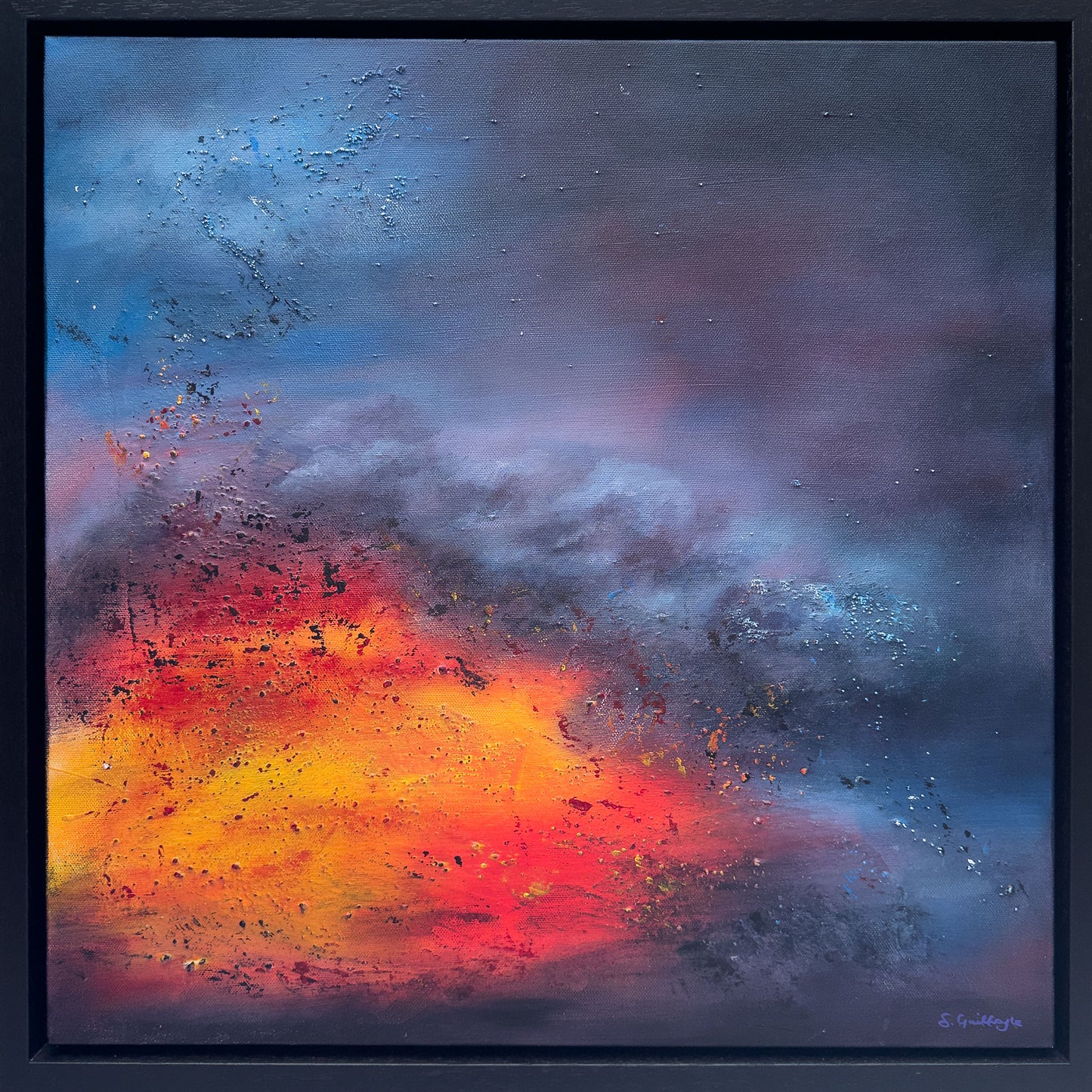 Nebula Fire, a framed abstract painting by Sinéad Guilfoyle with explosive red, orange, and deep blue textures.