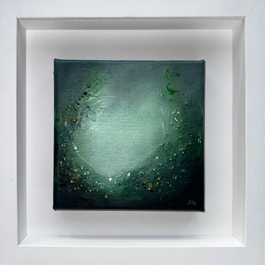 Faerie Glade I, a framed original abstract painting by Sinéad Guilfoyle featuring mystical green and ethereal light