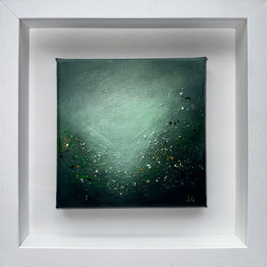 Faerie Glade II, a framed original abstract painting by Sinéad Guilfoyle featuring mystical green and ethereal light