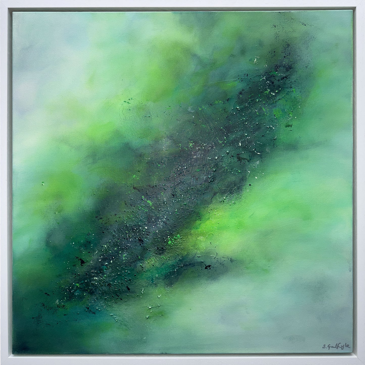 Fragments of Becoming, a framed original abstract painting by Sinéad Guilfoyle with layered, ethereal colors.