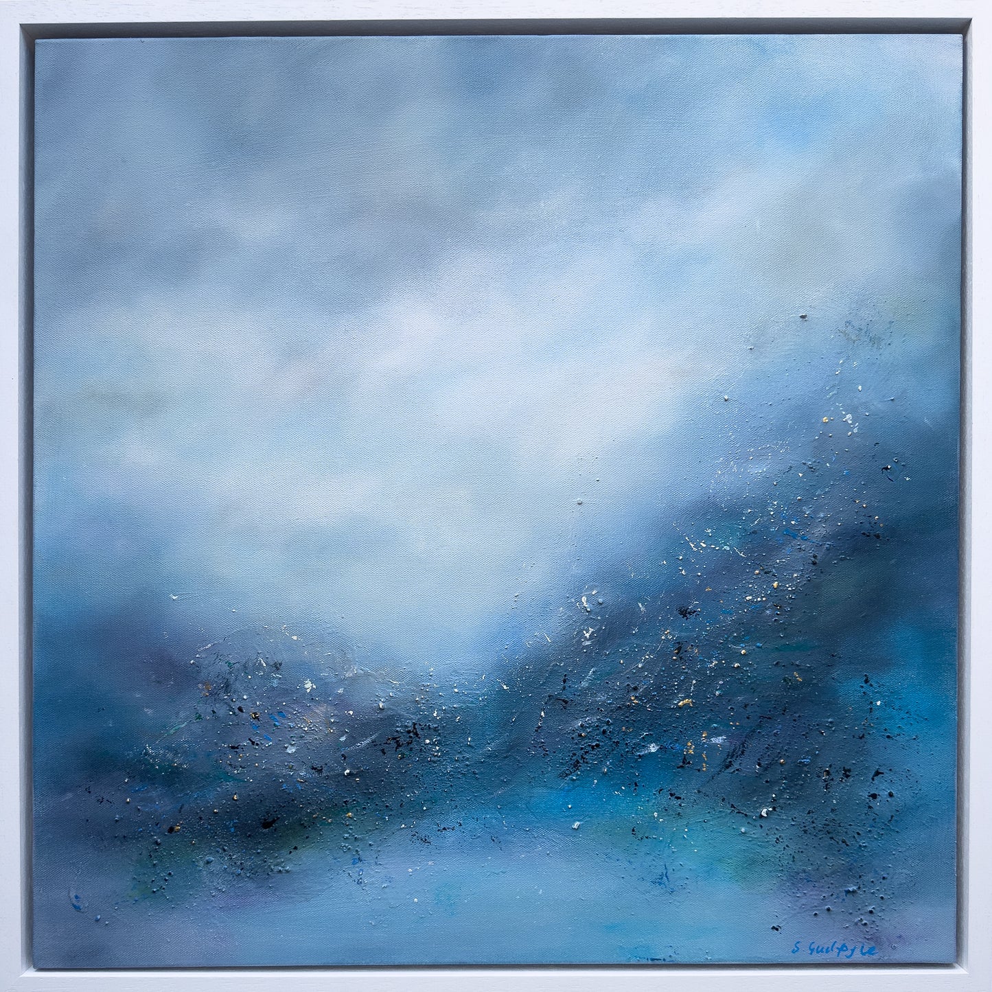 Held in Memory, an original abstract painting by Sinéad Guilfoyle. Blue tones and layered textures evoking a sense of ancient Irish lineage.