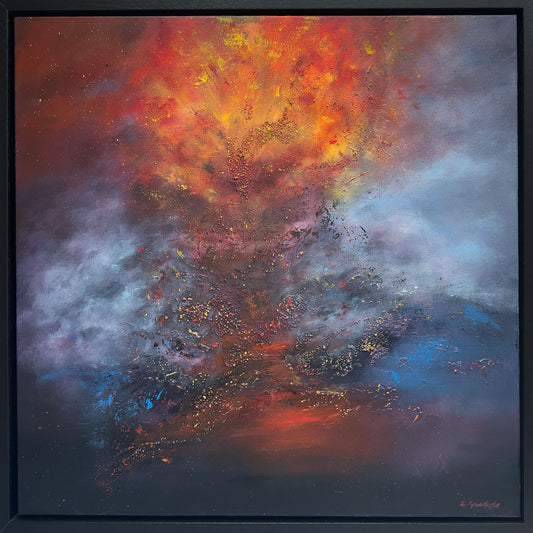 Ignite, a framed original abstract painting by Sinéad Guilfoyle, featuring vibrant swirls of orange and gold."