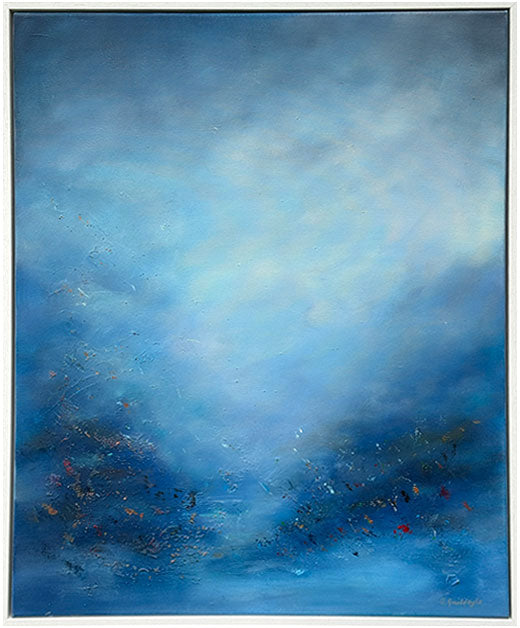 Memory of Light is a framed original abstract painting by Sinéad Guilfoyle featuring ethereal blue and white textures