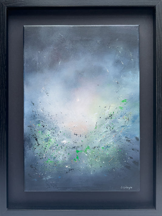 Abstract expressionist painting by artist SInéad Guilfoyle featuring a deep atmospheric palette of indigo, cerulean, and misty white. The textures suggest celestial clouds or a spiritual sea. The composition evokes a sense of deep peace and cosmic connection