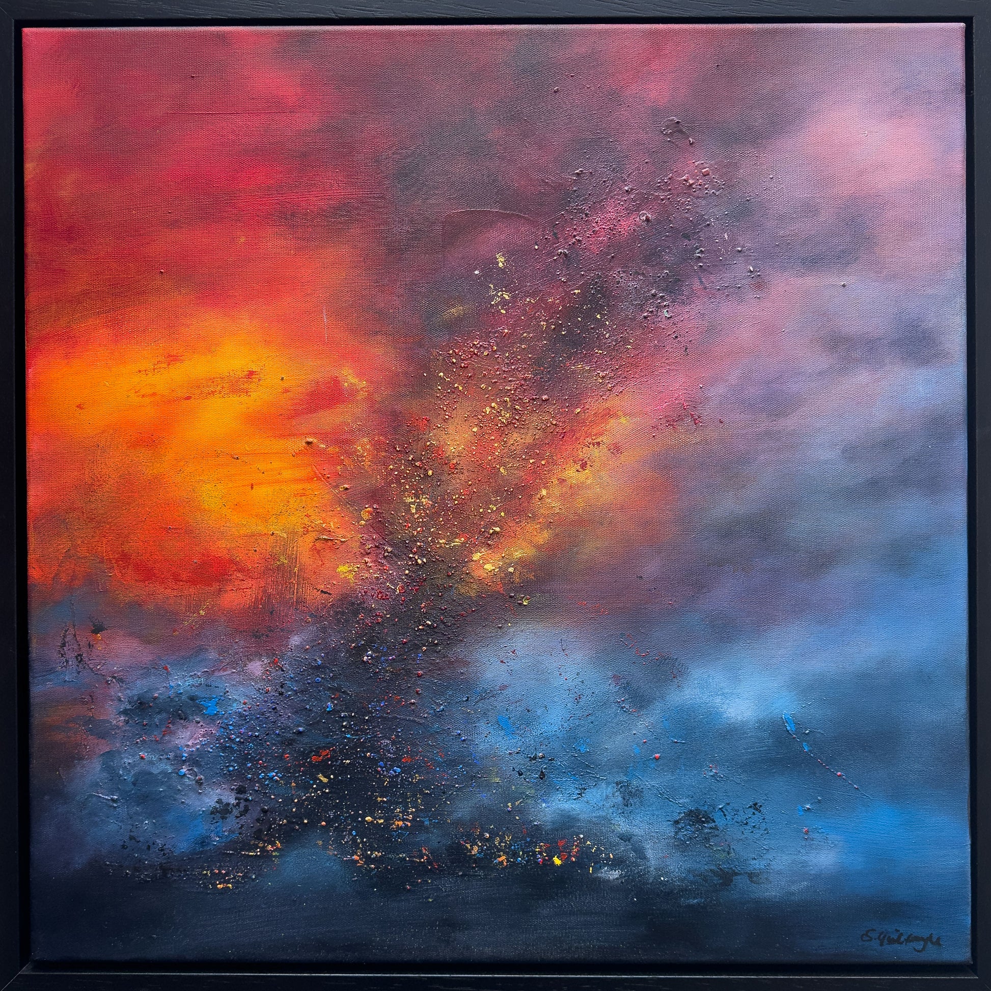 Nebula Fire, a framed original abstract painting by Sinéad Guilfoyle, featuring vibrant swirls of orange and gold.