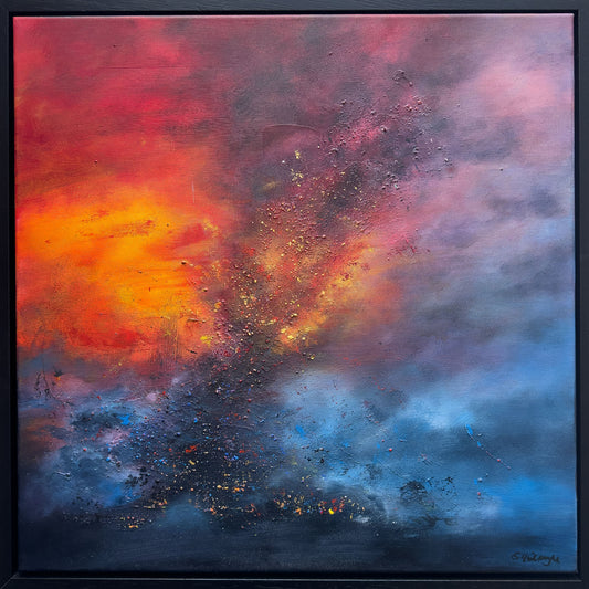 Nebula Fire, a framed original abstract painting by Sinéad Guilfoyle, featuring vibrant swirls of orange and gold.