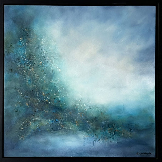Sacred Force by Sinéad Guilfoyle: Original Moody abstract painting featuring Dark Greens and Blues with glowing light , palette knife/layered] brushstrokes, framed for office/luxury home decor.