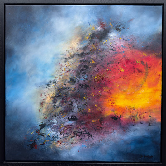 Sacred Force by Sinéad Guilfoyle: Original abstract painting featuring explosive red, orange, and gold impasto textures against a deep blue atmospheric background, housed in a black tray frame.