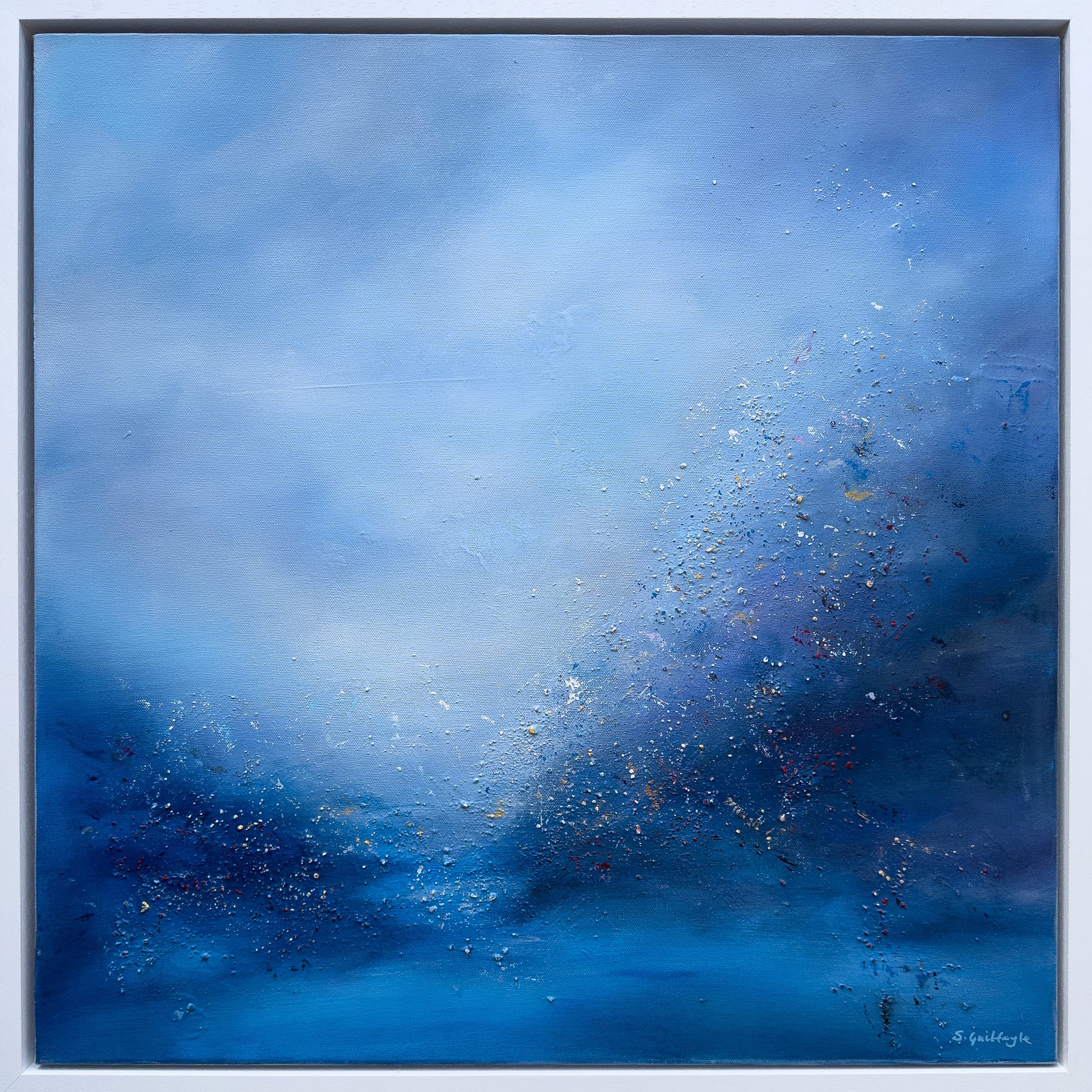 The Softening, a framed original abstract painting by Sinéad Guilfoyle with gentle, muted tones and fluid shapes