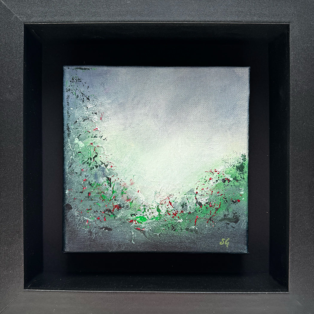 Through the Green Haze by Sinéad Guilfoyle: Small original abstract painting with vibrant green, white, and black speckled textures, presented in a deep-set black shadow box frame
