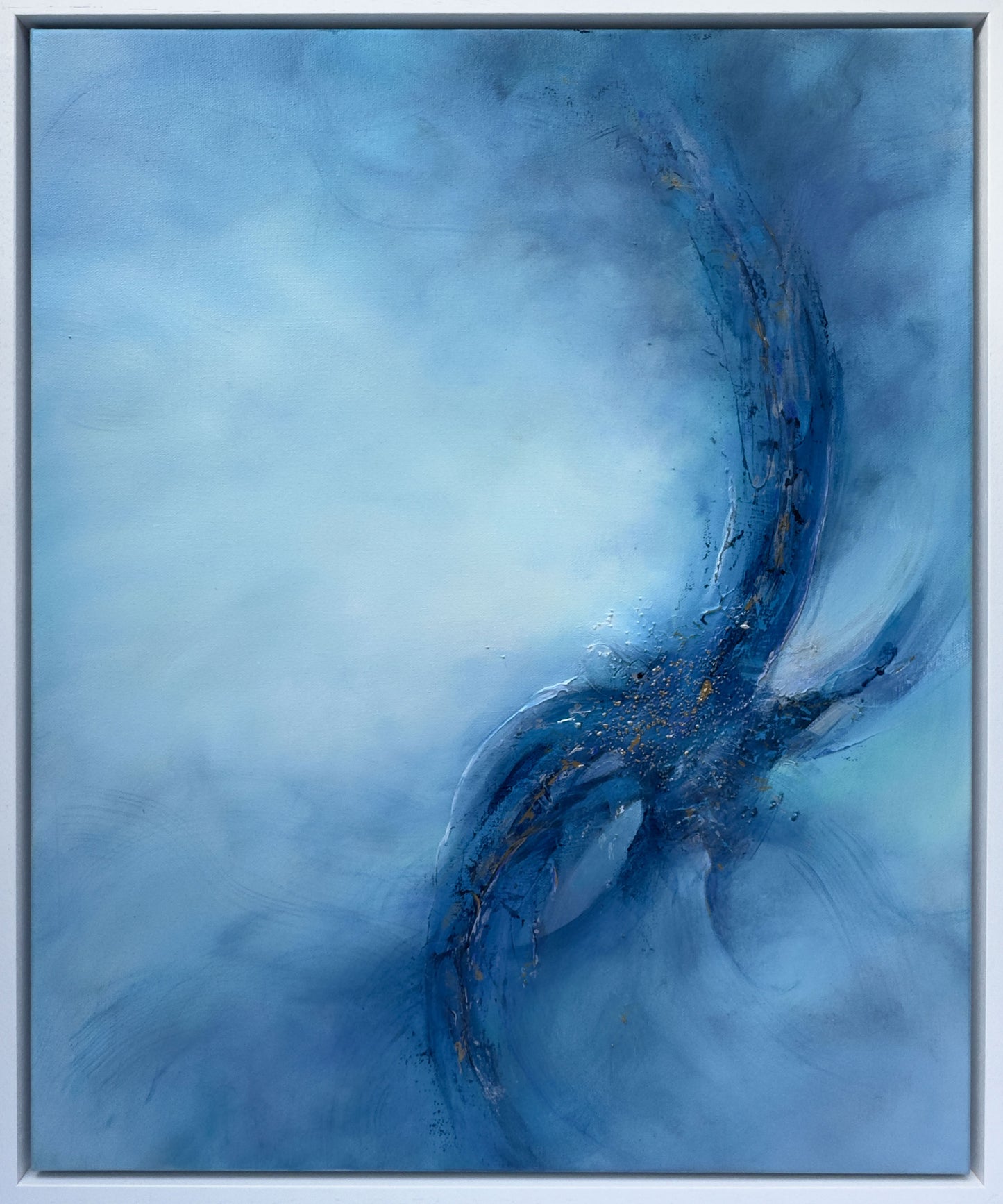 Turas d'Anam original abstract painting by Sinead Guilfoyle. Blue and gold textured art inspired by Celtic mysticism and universal energy. Framed size 64cm x 54cm