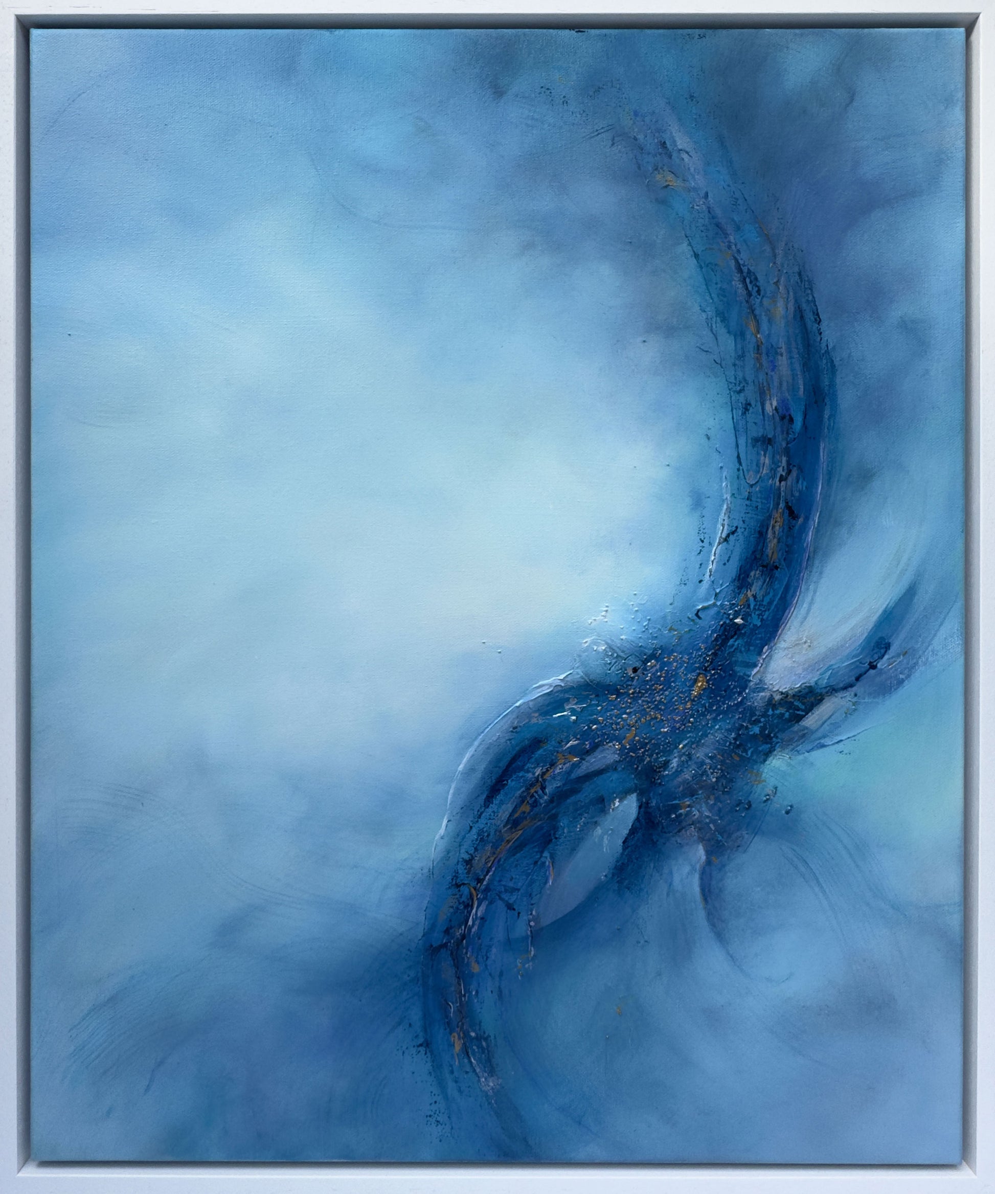 Turas d'Anam original abstract painting by Sinead Guilfoyle. Blue and gold textured art inspired by Celtic mysticism and universal energy. Framed size 64cm x 54cm
