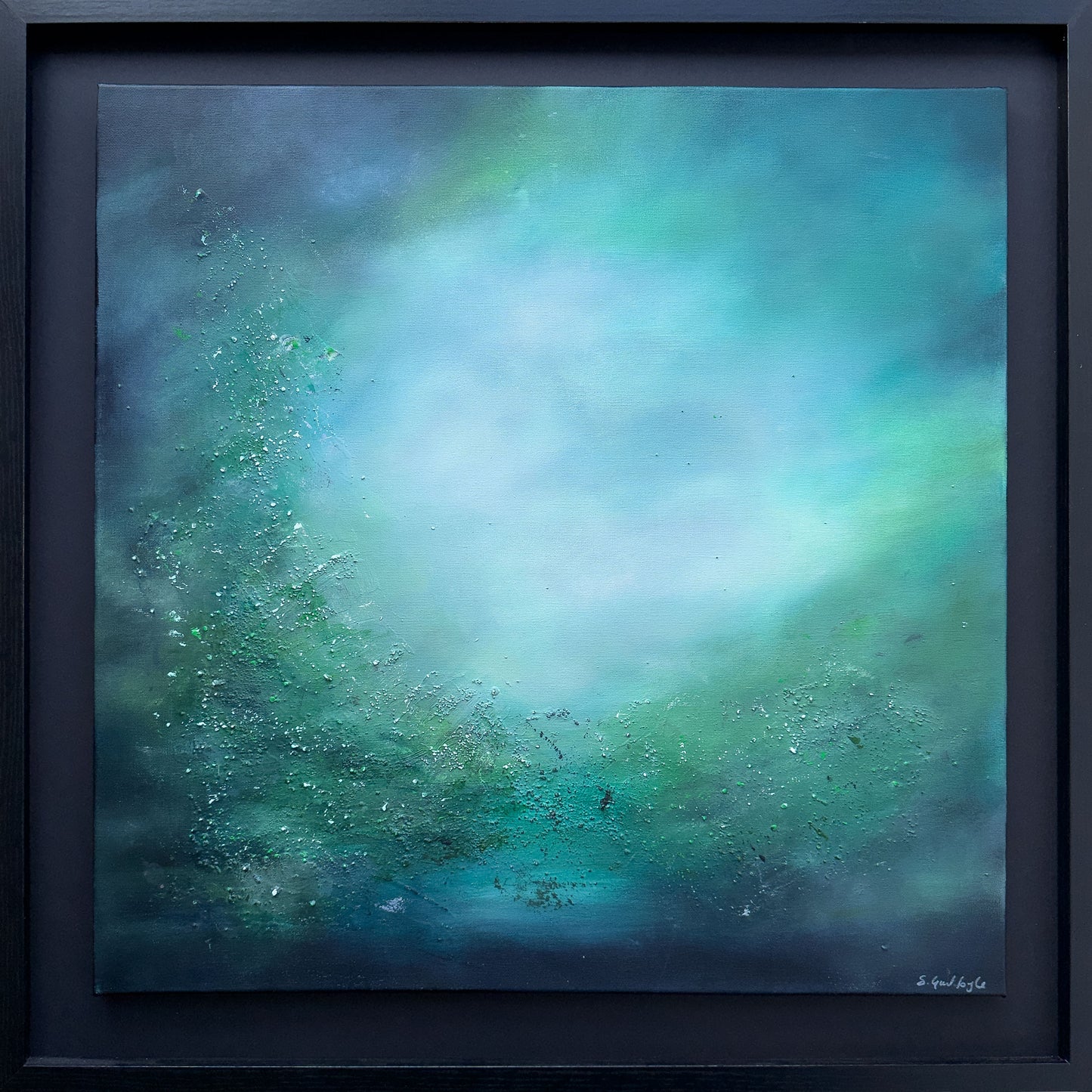 Where Earth Speaks Softly, a framed original abstract painting by Sinéad Guilfoyle in deep forest greens and teals.