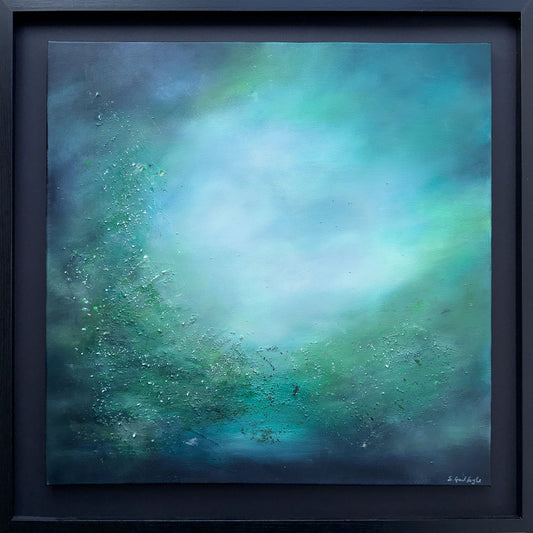 Where Earth Speaks Softly, a framed original abstract painting by Sinéad Guilfoyle in deep forest greens and teals.