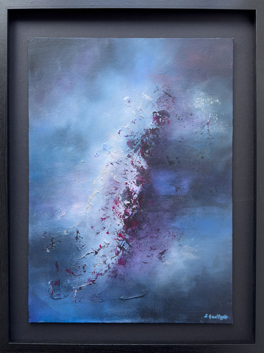 Whisper of the Storm, a framed abstract painting by Sinéad Guilfoyle with atmospheric blues and deep violet textures.
